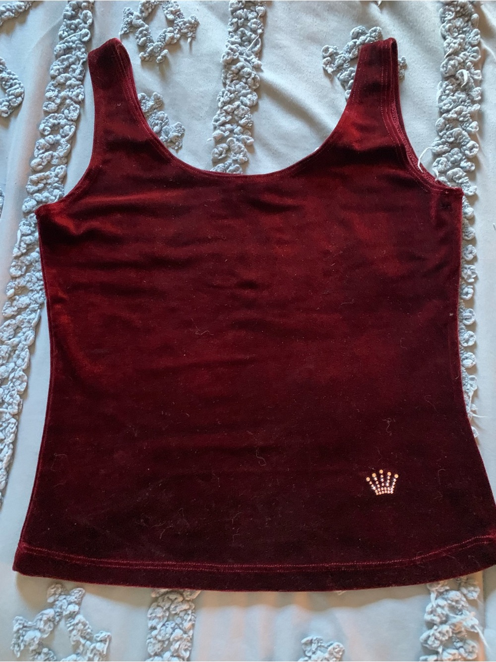 Women’s Velvet Scoop Tank Top in Deep Burgundy with Crown Accent